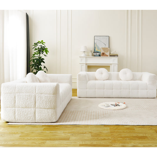 Modern Boneless Couch With Two Circular Throw Pillows,Skin-friendly Lychee-textured Long-pile Polyester Fabric,Checkered Fabric Design Foam Sofa