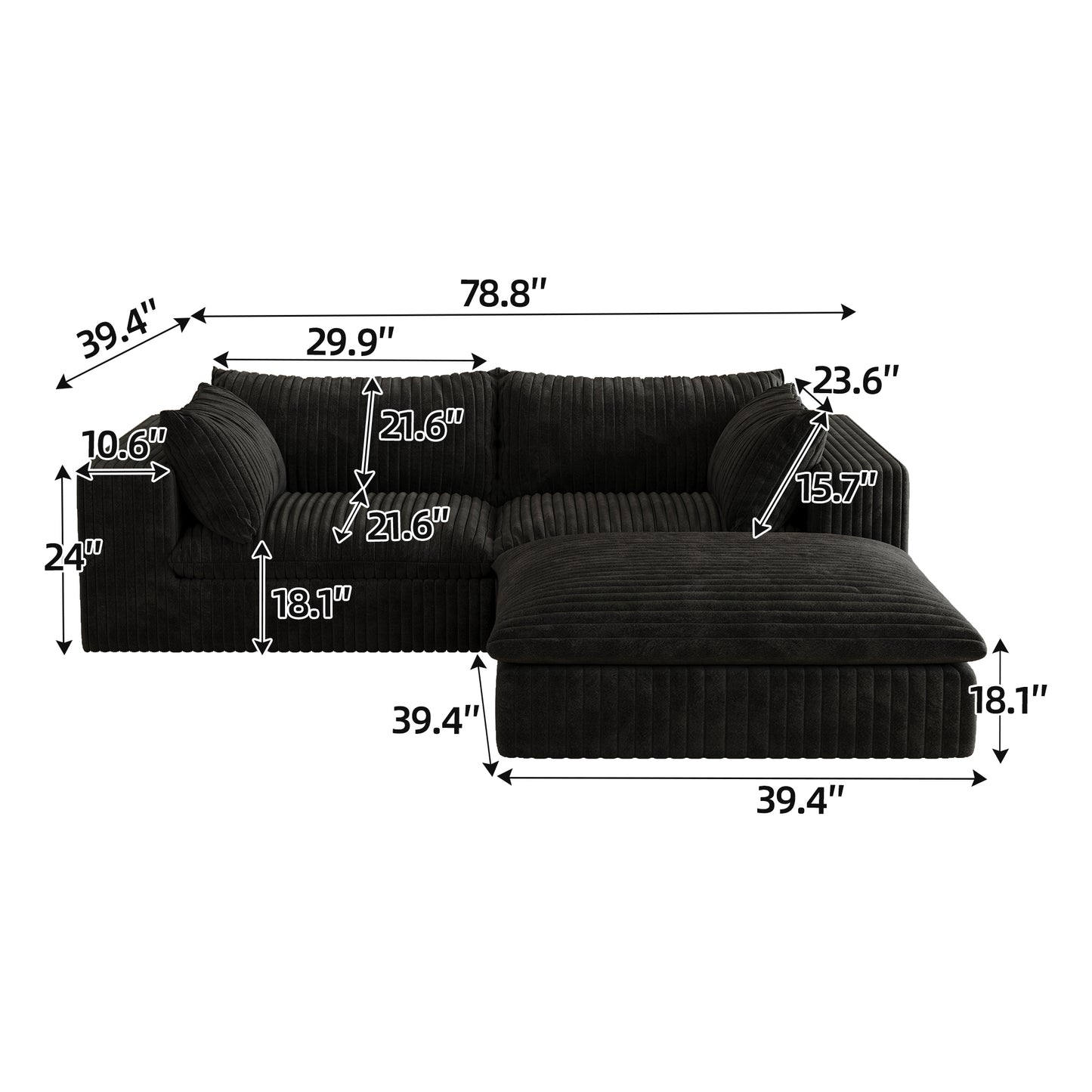39.8 Cloud Sofa,Corduroy Fabric,Deep Seat Couches,Double-layer Design,Removable Cushion,No Assembly, DIY Combination For Living Room, Bedroom,Conference Room ,Apartment,Black
