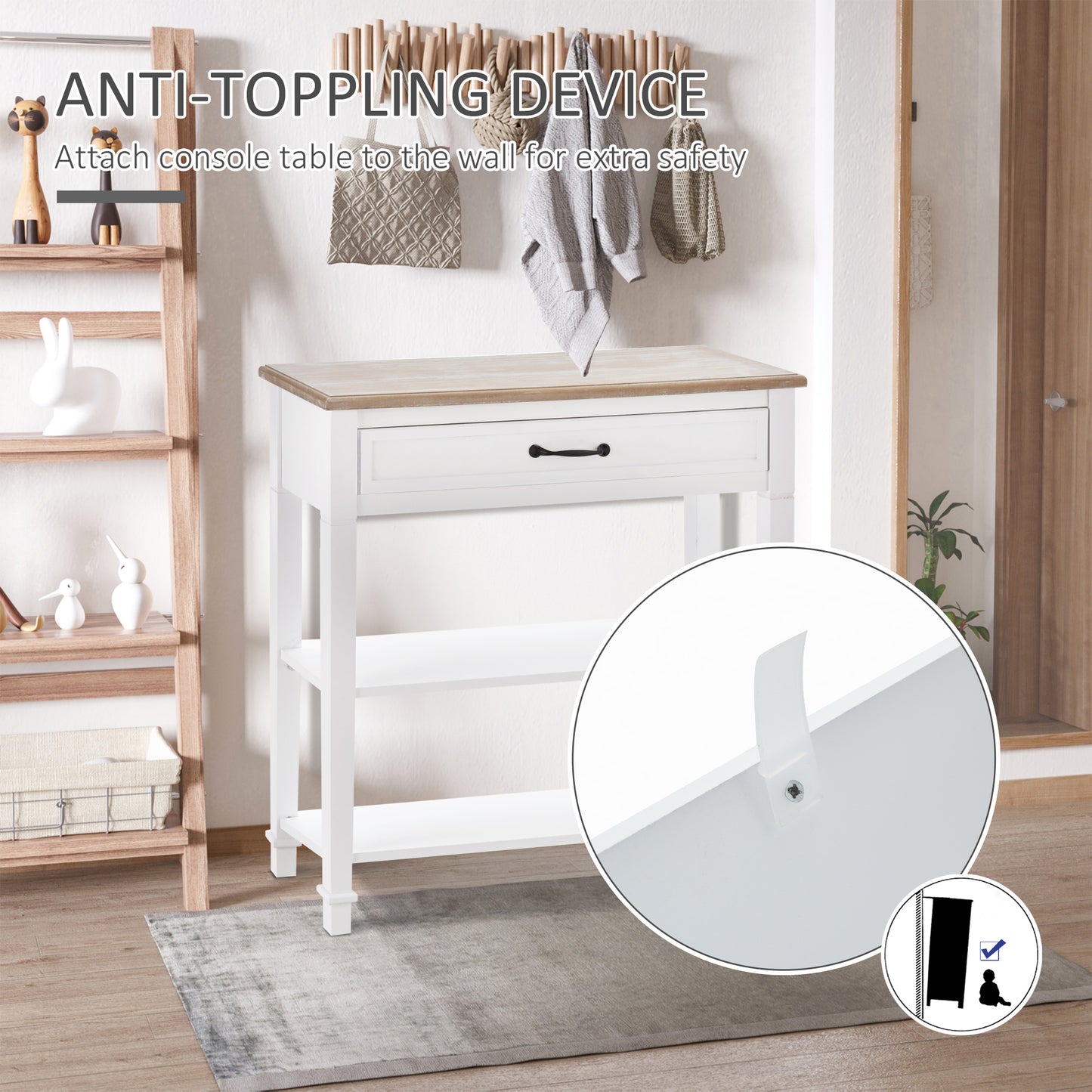 Nordic Style Sofa Console Entry Hallway Table With Drawer And Shelves,White