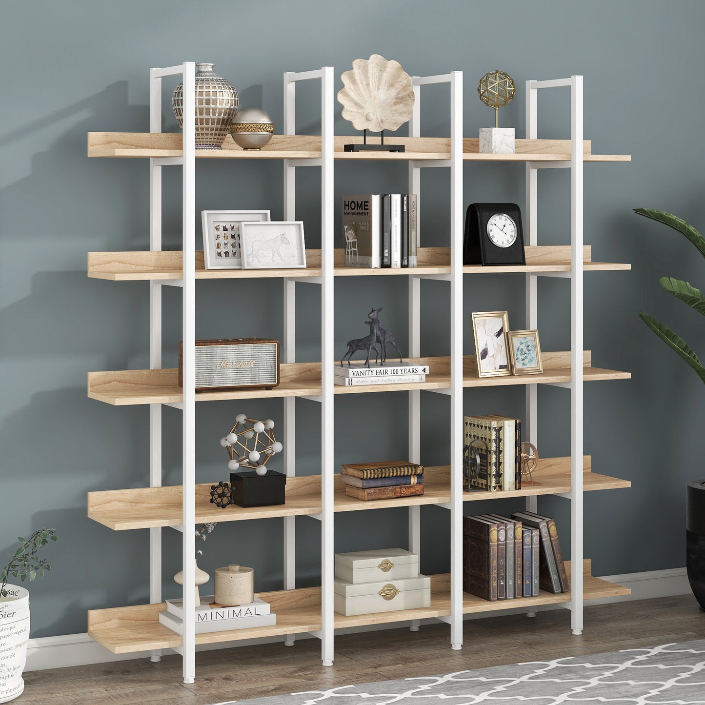 5 Tier Bookcase Home Office Open Bookshelf, Vintage Industrial Style Shelf, MDF Board, White Metal Frame, Oak Old Sku WF300935AAC N725P247766C