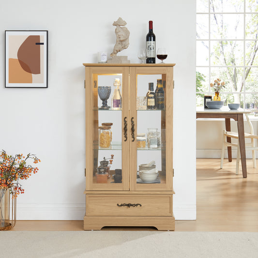 Glass Cabinet Lighted Glass Cabinet Curio Display Cabinet With Adjustable Glass Shelves 2 Doors And 1 Drawer Cabinet Bulb Included OAK