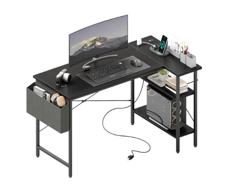 L-shaped Computer Desk With Power Socket And LED Light, Corner Game Table With Storage Rack And Monitor Stand