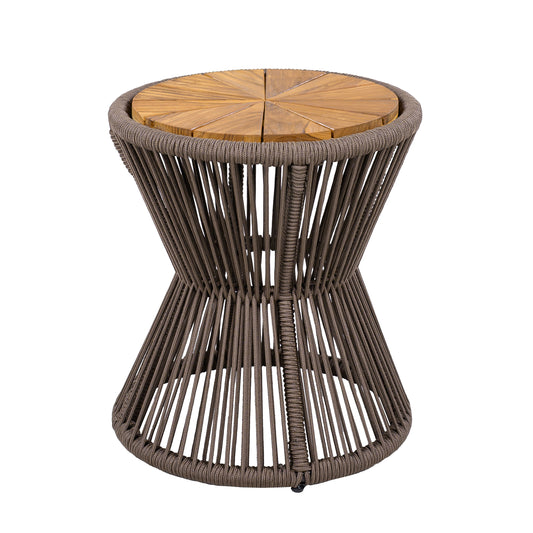 Outdoor Side Table, Dark Grey Rope & Acacia Wood, 18.90 Height, 16.14 Diameter, Elegant Hourglass Design, Weather Resistant, For Patio, Deck, Garden, Balcony, Modern Minimalist Style