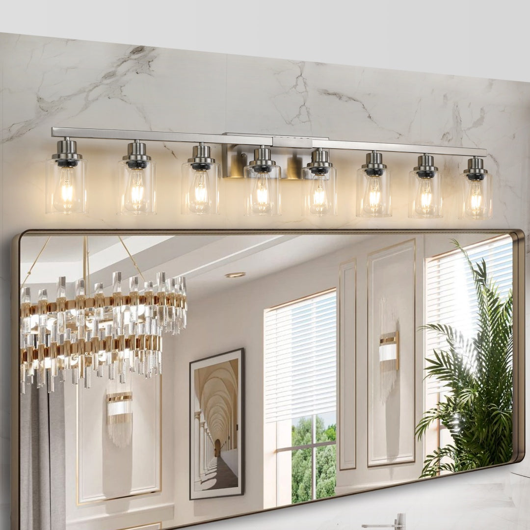 51 Modern 8-Light Bathroom Vanity Light Fixture - Brushed Nickel Finish With Clear Glass Shades, Perfect For Bathroom, Vanity, And Dressing Area Lighting No Bulbs