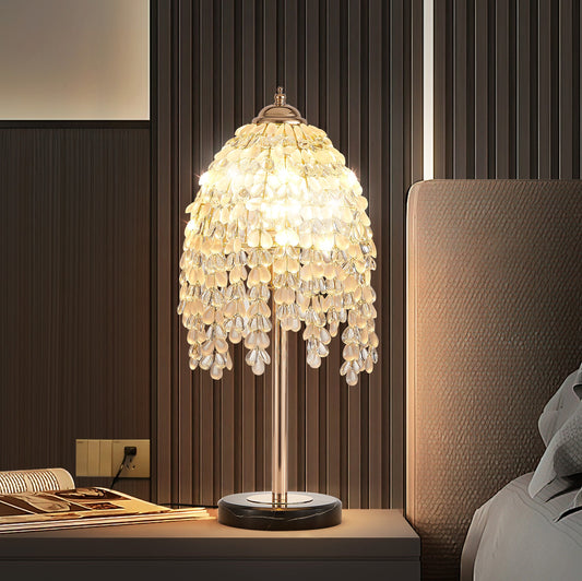 19 HElegant Crystal Table Lamp Vintage Waterfall Design With Teardrop Grape Crystal Bead String Shades And Marble Textured Base For Living Room, Bedroom, Or Office Bulb Not Included