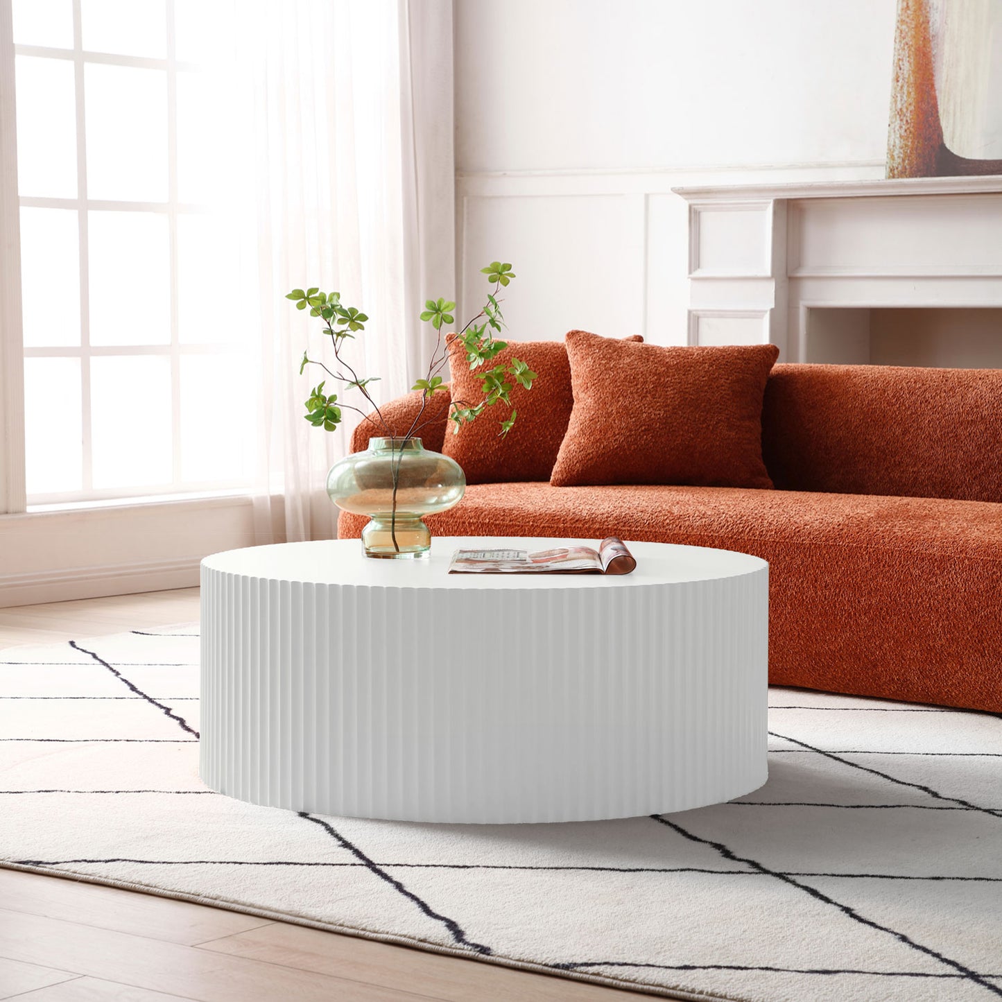 Contemporary Round Coffee Table With Handcrafted Relief, 35.43inch, Whtie Same Sku W876P252232