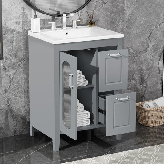 24 Bathroom Vanity With Sink, Bathroom Vanity Cabinet With Two Drawers And Door, Adjustable Shelf, Solid Wood And MDF, Grey