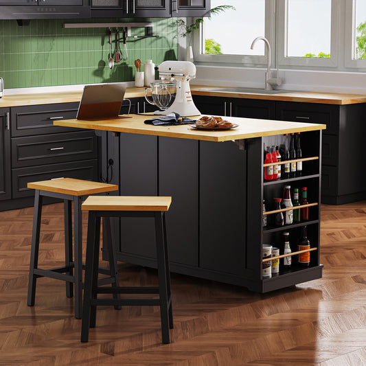 K&K 53inch Large Kitchen Island With Drop Leaf,Power Outlet,Door Internal Storage Rack,Rolling Kitchen Cart On 5 Wheels With 5 Open Side Racks For Kitchen,Black Two Packages Stools Not Included