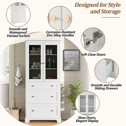 70.1 Modern High Freestanding Tall Bathroom Cabinet With 2 Adjustable Shelves, 3 Drawers, Soft Close Glass Doors -Ideal For Bathroom, Living Room, Kitchen Storage