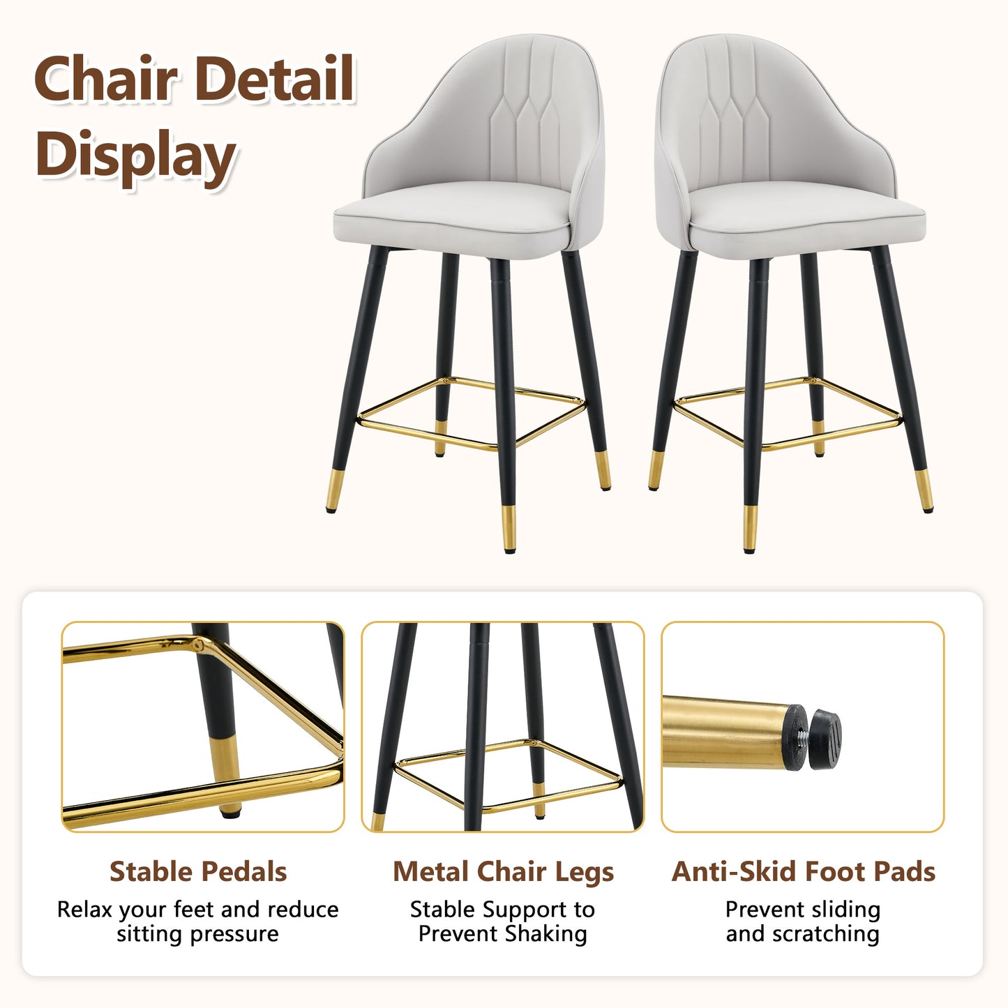 Set Of 2 Light Gray PU Leather Bar Stools 37.7 High, 25 Seat Height, Gold Accent Footrest, Ideal For Kitchen Island, Home Bar & Dining Area, Available In Black, White & Dark Gray Splicing Colors.