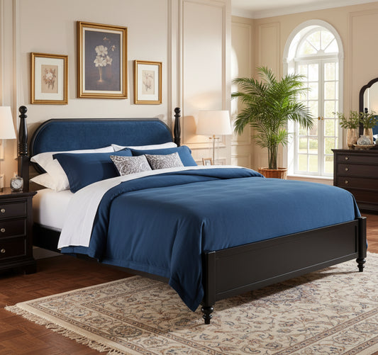 Queen Bed Frame, Solid Wood Platform With Slats, Navy Blue & Black Upholstered Headboard, Modern No Box Spring Needed