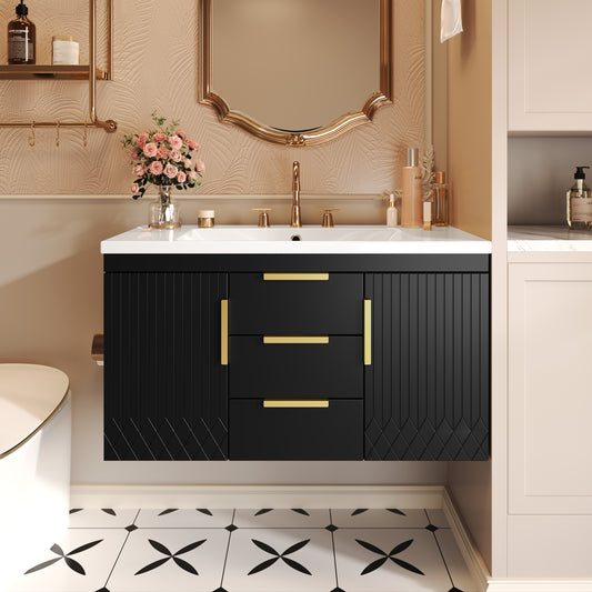 36 Wall Mounted Bathroom Vanity With Resin Sink, Floating Bathroom Storage Cabinet With 2 Drawers, Solid Wood Bathroom Cabinet