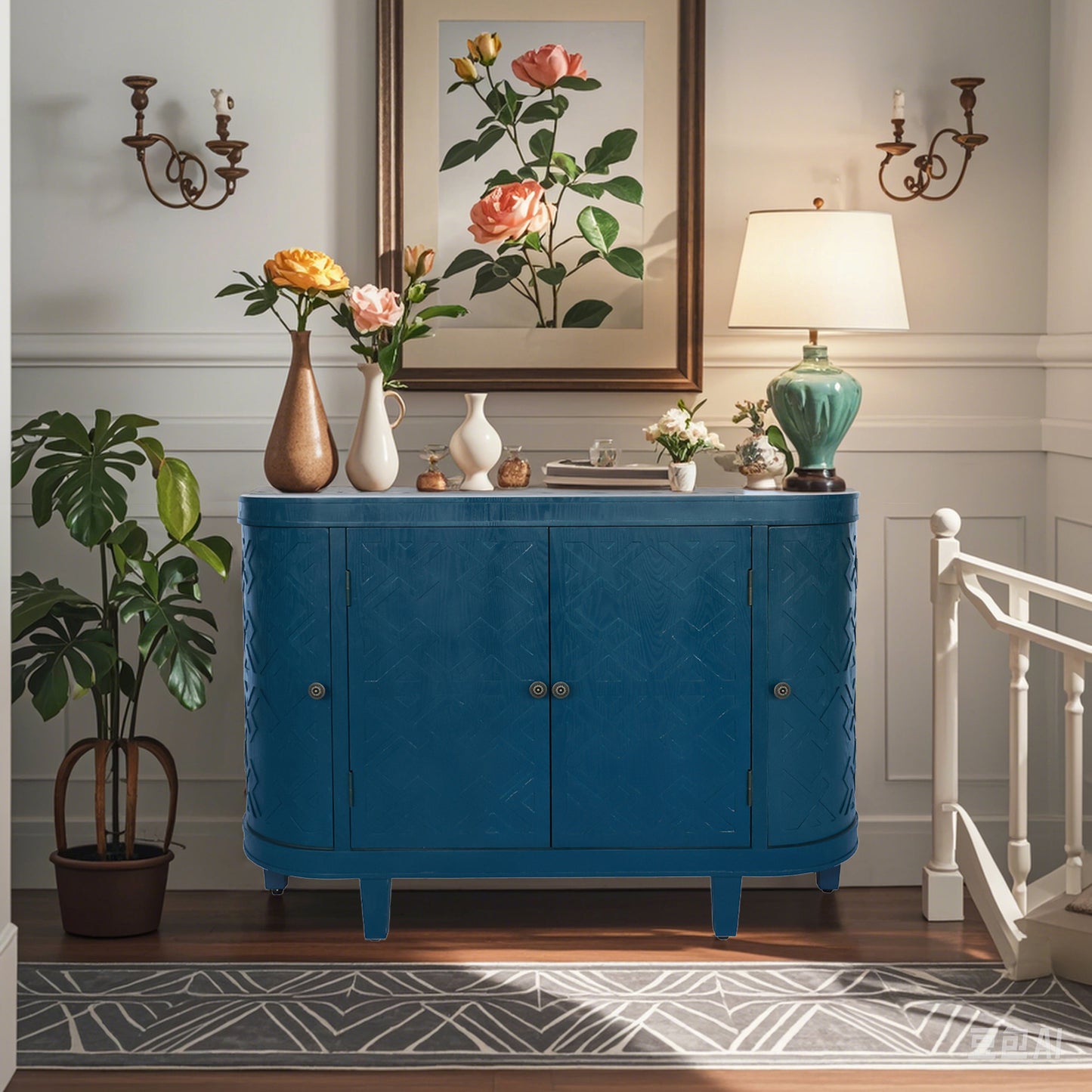 47 Oval Storage Cabinet With 4 Doors,Buffet Sideboard Cabinet With Storage, Fluted Accent Storage Cabinet With Curvy Edge, Sliding Door, Freestanding Credenza, Console Table For Living Room, Kitchen