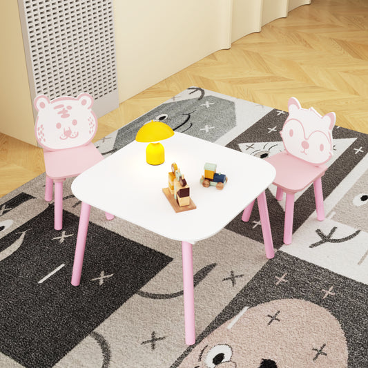 Kids Table And Chair Set, 3-Piece Wooden Toddler Desk With Animal Backrest, Activity Table For Drawing, Learning,Playroom Or Nursery Pink&White