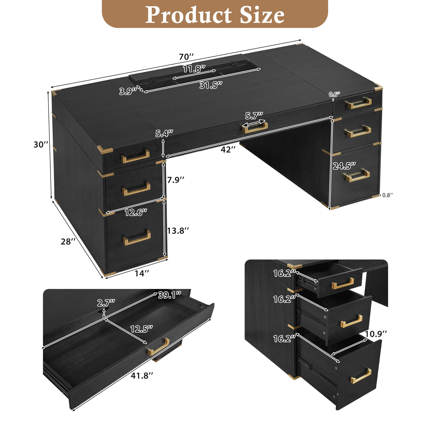 70 Extra-Large Classic And Traditional Executive Desk With Metal Edge Trim ,Writing Desk With 2 File Drawers,USB Ports And Outlets,Desk With Hidden Compartment For Living Room,Home Office,Study Room,