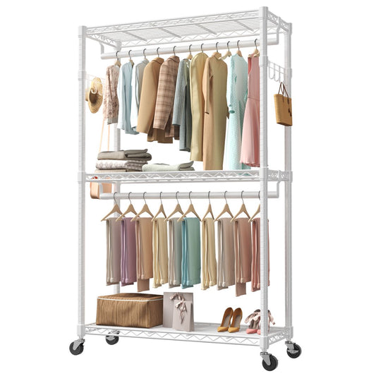 29.5-45-inch Rolling Clothes Rack With Adjustable Metal Shelves And Heavy-duty Hangers With Side Hooks,ideal For Homes And Laundry Rooms