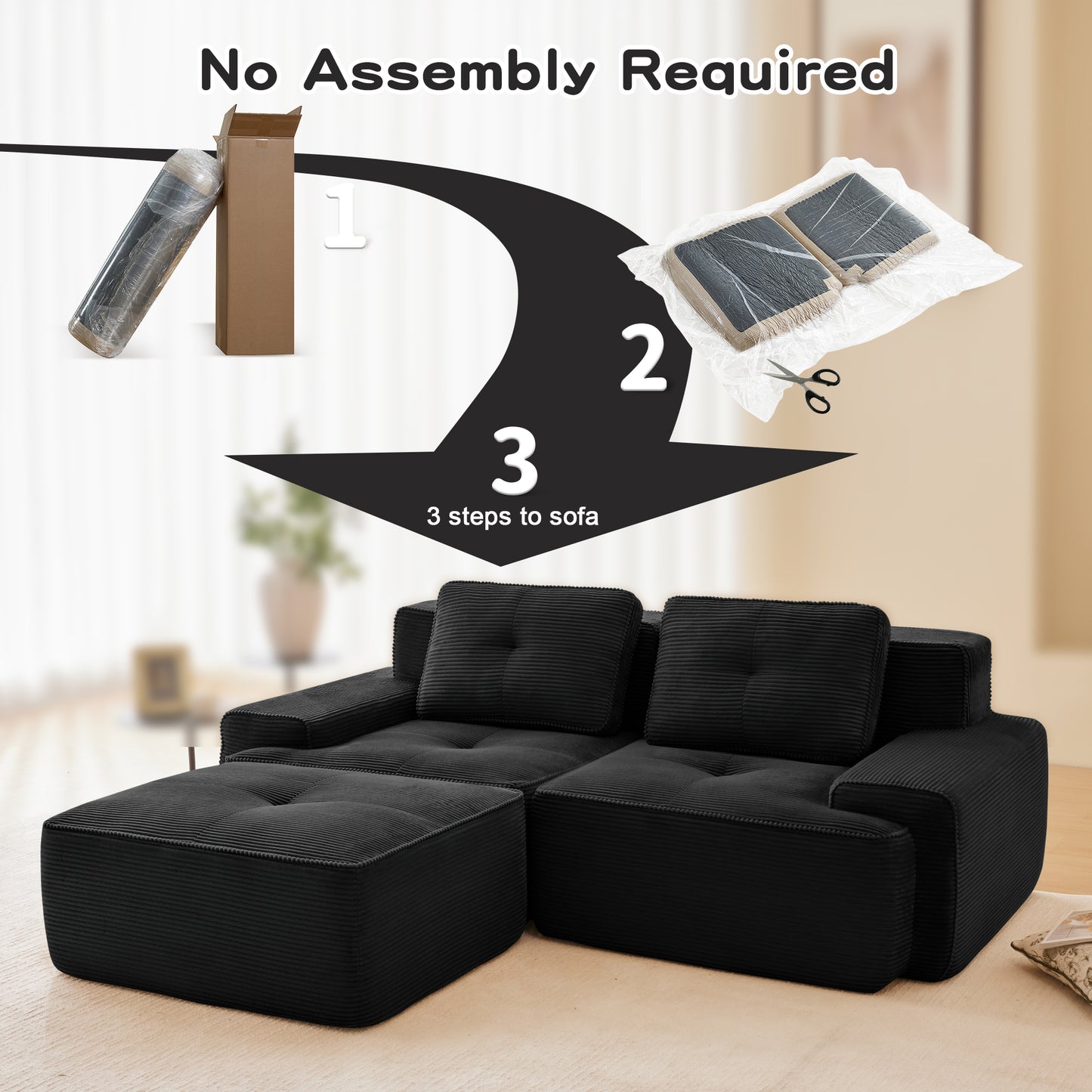 82 Modern L-Shaped Modular Sectional Sofa For Living Room, Corduroy Fabric, 2-Seater Couch With Deep Seat And Movable Ottoman, Pearl-like Piping, Tufted Design, No Assembly, Anti-slip Design, Black