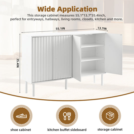 ON-TREND Minimalist Shoe Cabinet With 5 Solid Wood Legs, Cream Style Sideboard Buffet Cabinet With Fluted Doors, Large 4-Door Storage Cabinet With Adjustable Shelves For Living Room, White, 55.1x13.7