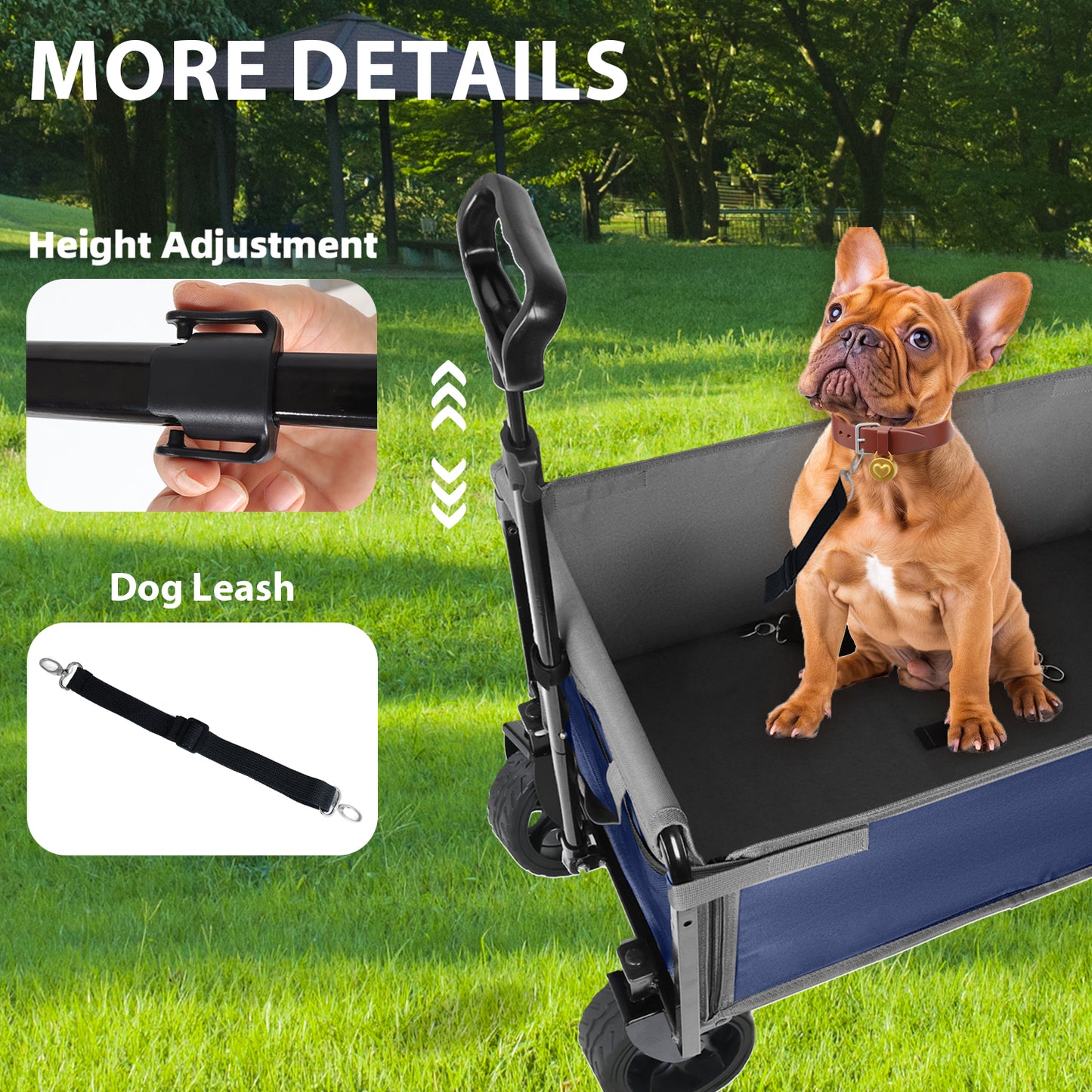 Upgraded 5x2 Wide Wheels All- In- One Convertible Folding Trolley With Full- Side Opening & Dog Leash Versatile Seating & Storage 220Lbs Capacity For Camping Beach Shopping Dark Blue
