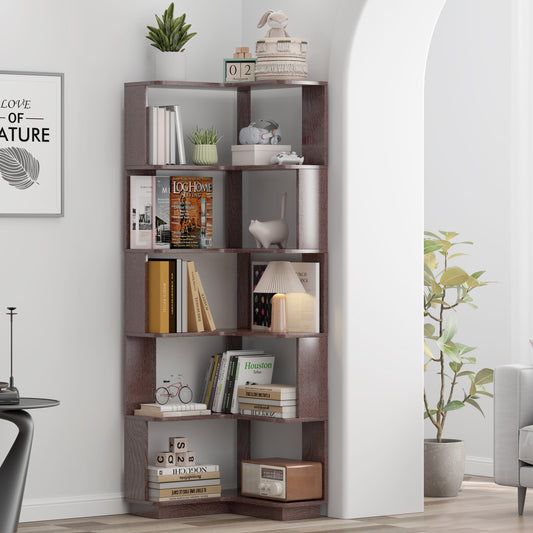 6 Tier Freestanding L-Shaped Corner Bookshelf For Living Room, Bedroom, Wooden Bookcase With Anti-drop Panle And Anti Tipping Device, Display Shelf Open Storage Rack Organizer For Home Office DARK RED