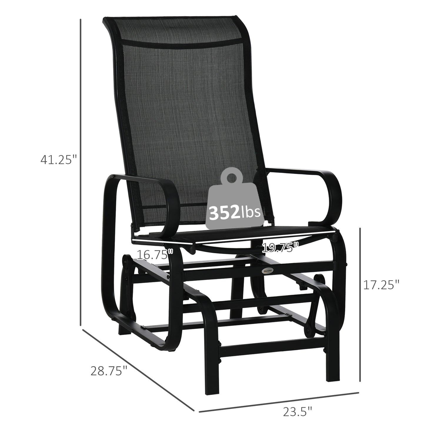 Outdoor Patio Sling Fabric Swing Glider Rocker Chair With Smooth Rocking Arms, Black