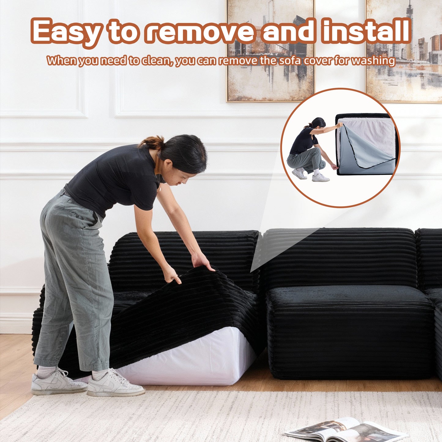 105'' Modular Sectional Sofa Couch ,Boneless Couch, Compressed Couch, Detachable And Washable, Replaceable Sofa Cover, Modern Woven-Textured Upholstery, Convertible L-Shaped Design For Living Room