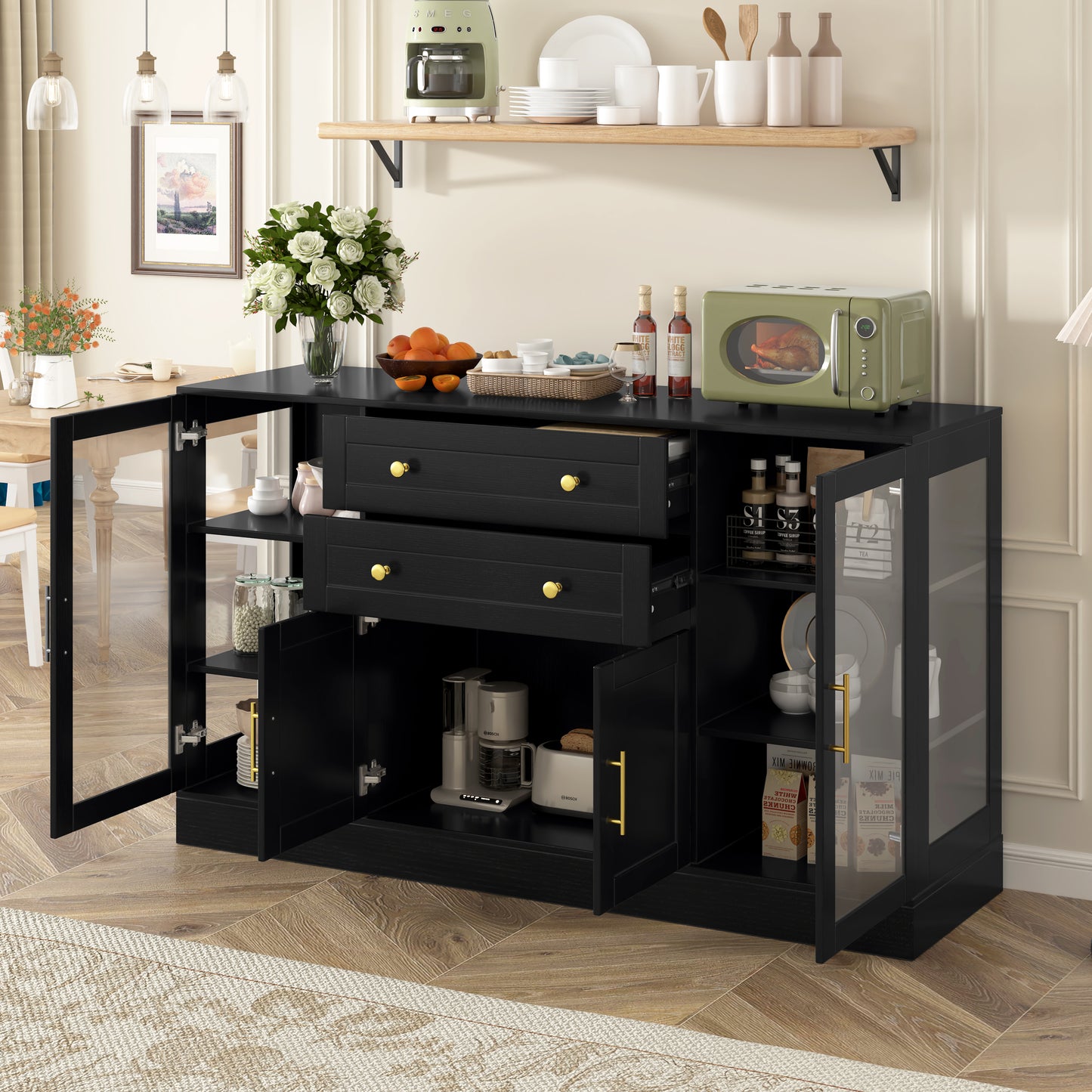 U- Style 58.3 Modern Buffet Sideboard With 4 Doors & 2 Drawers Adjustable Shelves Power Outlet Acrylic Panels Aluminum Alloy Handles Storage Cabinet For Dining Room Living Room And Kitchen