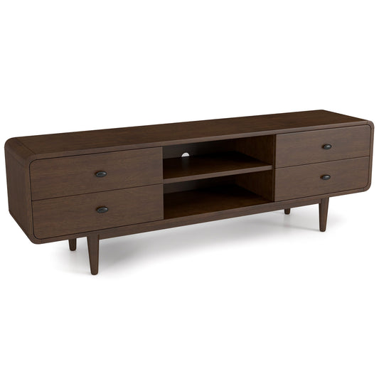 Alexa Mid Century Modern Style TV Stand With Walnut Finish And Solid Wood Construction 23 H X 71 W X 16 D For Bedroom, Hallway, Entryway, Closet