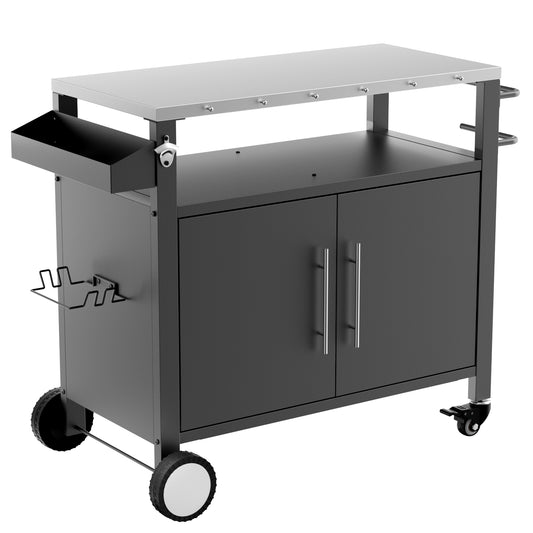 Two Doors Outdoor Grill Cart With Patio Furniture, Outdoor Grill Table With Storage,Rolling Bar Cart Outdoor BBQ Cart With Hooks And Spice Rack For Grilling Accessories, Black