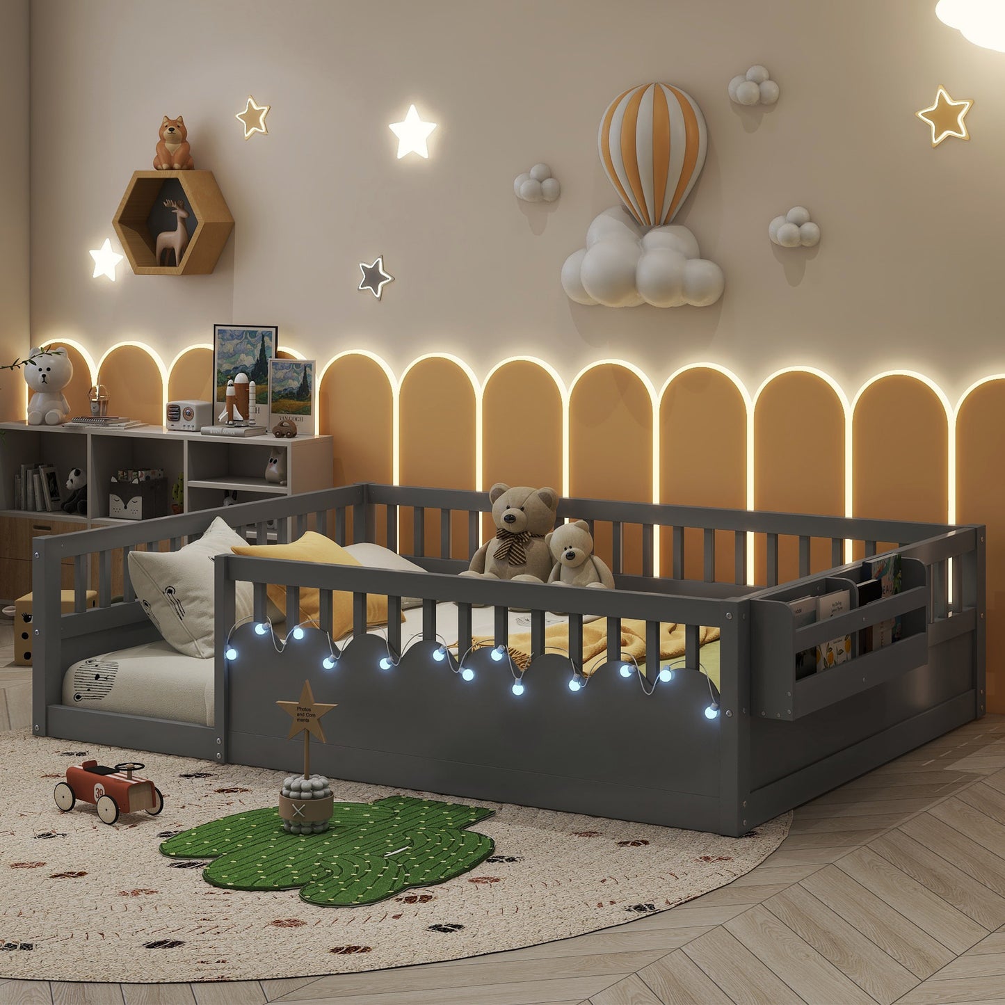 Full Montessori Floor Bed Frame With High Rails, Wood Kids Floor Beds With Light And Storage Shelf, GrayExpect Arrival Date 2025 8 15