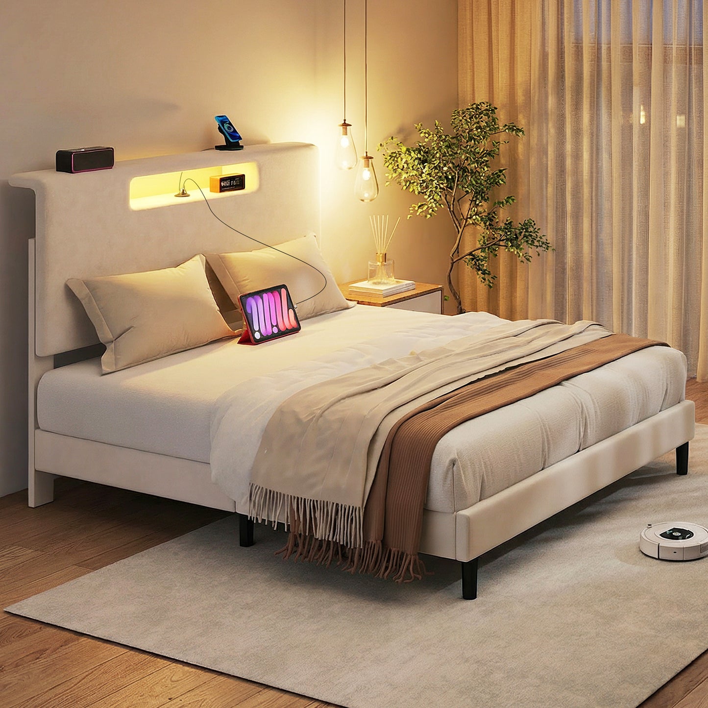 Queen Size Bed Frame With Storage Function Charging Station And Adjustable LED Light Wood Slat Support Bed Frame With Headboard Remote Control Easy Assembly