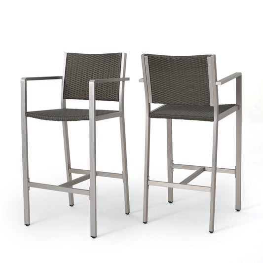 Outdoor 29.50 Rust-Proof Aluminum Barstools With PE Rattan Seat And Backrest, Set Of 2, Silver & Grey