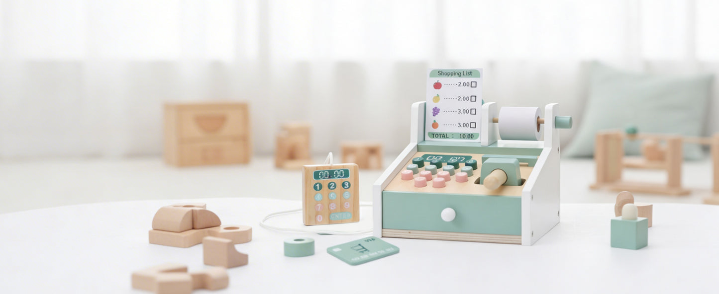 Wooden Cash Register Toy With Scanner Play Money Shopping Cards Educational Toy Cash Register Green