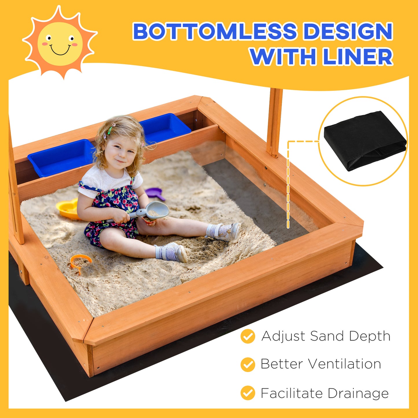 Kids Wooden Sandbox With Adjustable Height Cover And Toy Bin Storage, Children Sand Play Station Outdoor,Bottom Liner, For Backyard, Ages 3-7