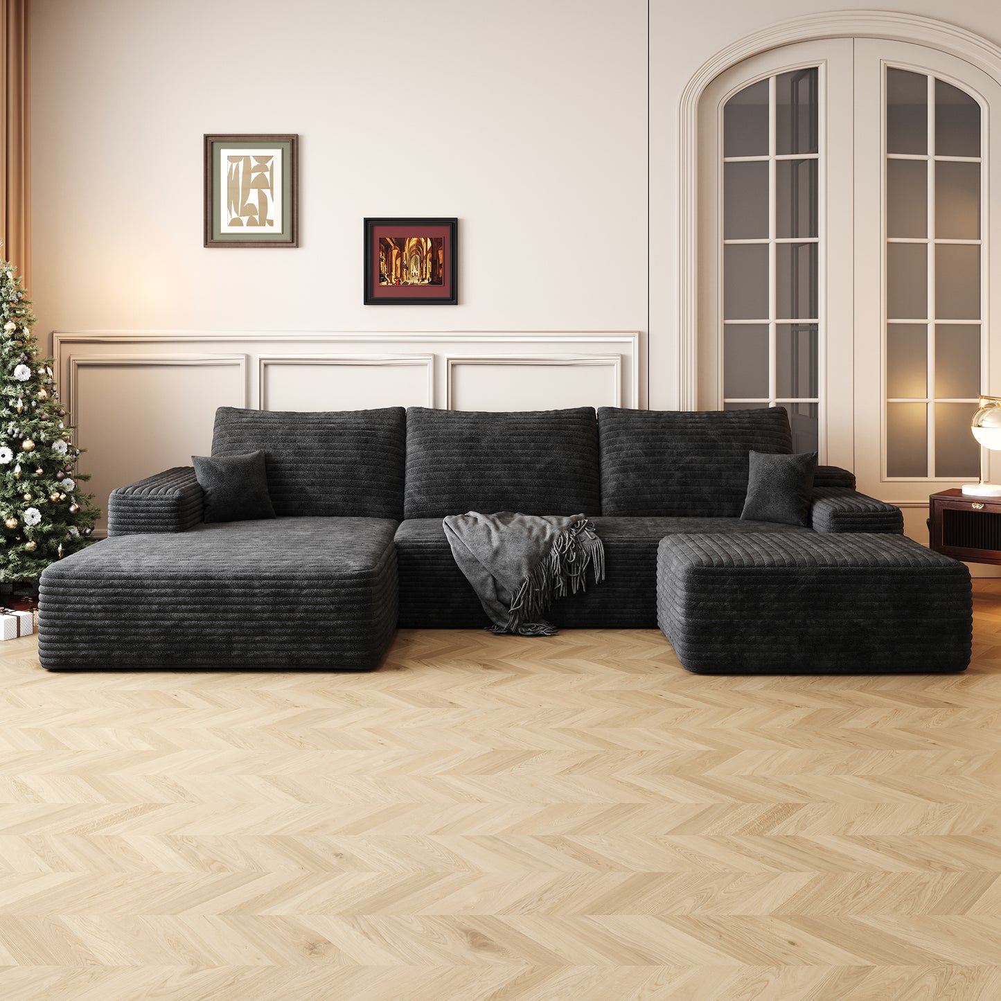 107 Cloud Sectional Sofa With 1 Ottoman,Modern Minimalist Upholstered Couches,Comfort U Shaped Sofa For Living Room,Deep Seat Corner Couch,No Assembly Required Plush Corduroy Fabric ,Black