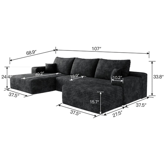 107 Cloud Sectional Sofa With 1 Ottoman,Modern Minimalist Upholstered Couches,Comfort U Shaped Sofa For Living Room,Deep Seat Corner Couch,No Assembly Required Plush Corduroy Fabric ,Black