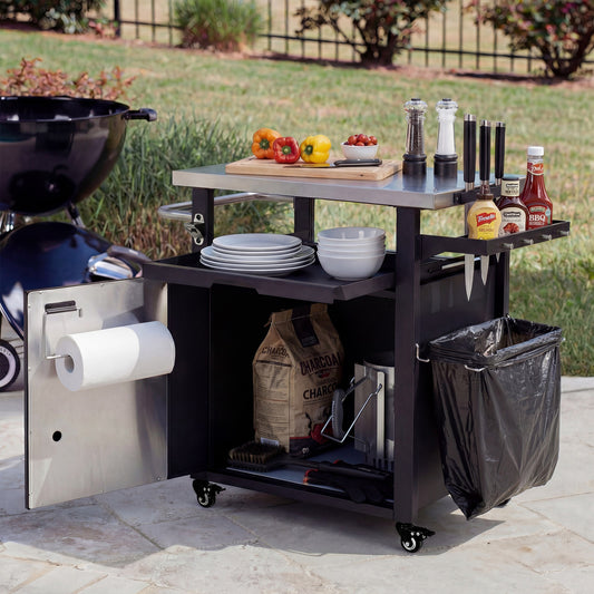 K&K 39.5 Outdoor Grill Cart With Storage Cabinet, Outdoor Bar Cart Pizza Oven Table With Wheels, Stainless Steel Top, Outdoor Kitchen Island With Spice & Paper Rack For BBQ, Waterproof Cover Included