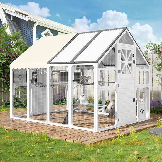 Extra Large Catio Outdoor Cat Enclosure, Walk-in Outdoor Pet House For Multiple Cats, Catio Cat Run Cage With Bridges, PVC Roof, Weatherproof Cover, 8 Platforms, 2 Resting Box, White And Grey