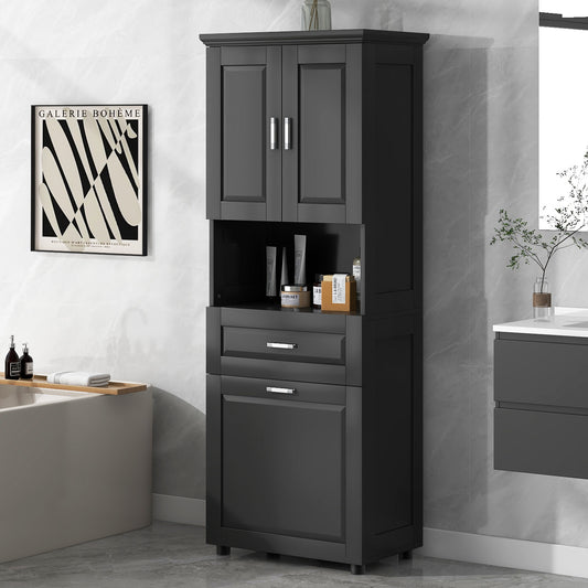 Tall Bathroom Cabinet With Laundry Basket, Large Storage Space Tilt-Out Laundry Hamper And Upper Storage Cabinet, Black