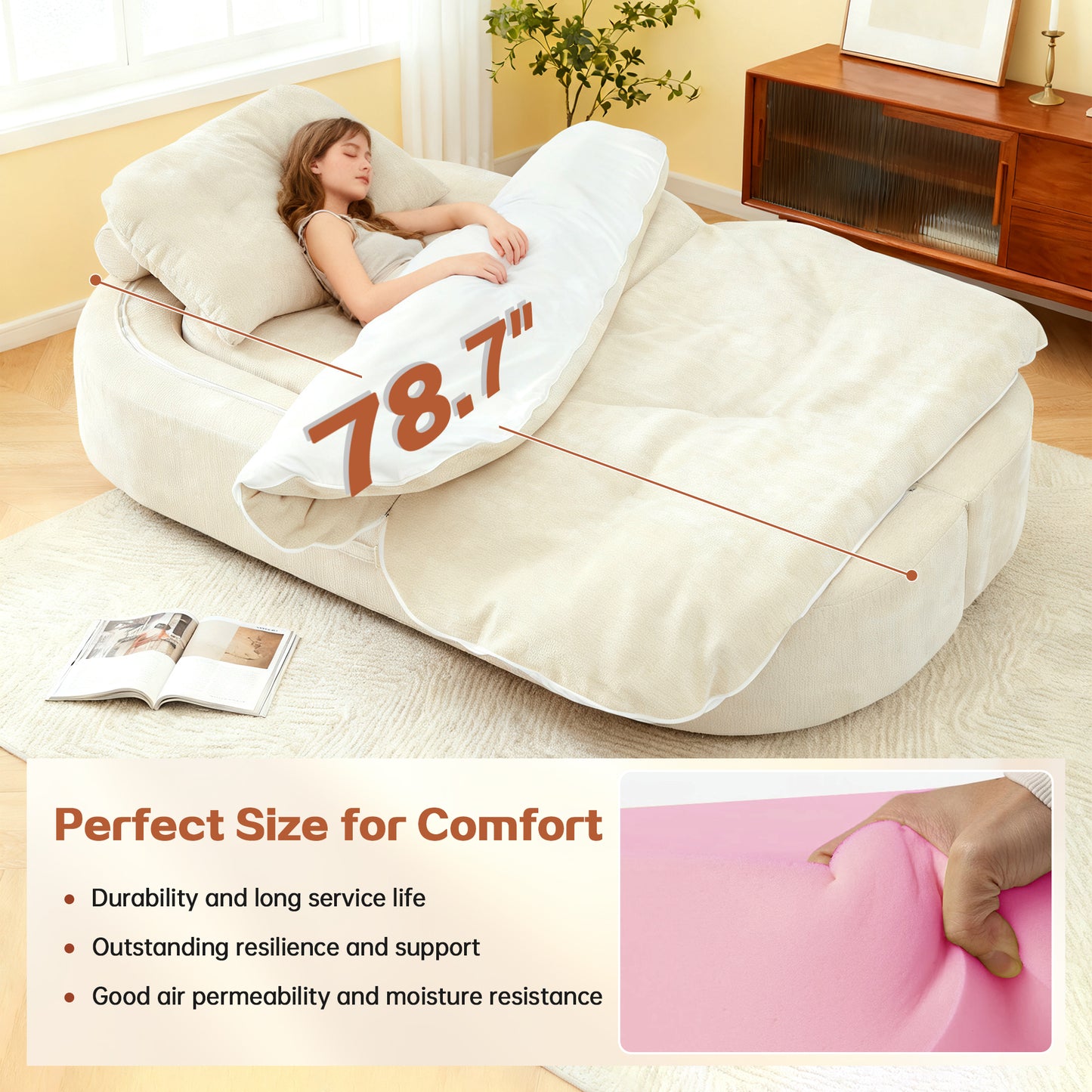 Modern Floor Sofa With 2 Pillows,Convertible Chenille Fabric Foam-Filled Sleeper Sofa Bed, No Assembly Required,Convertible Sofa Cushion Unfolds Into Quilt,Folding Mattress For Living Room,Playroom