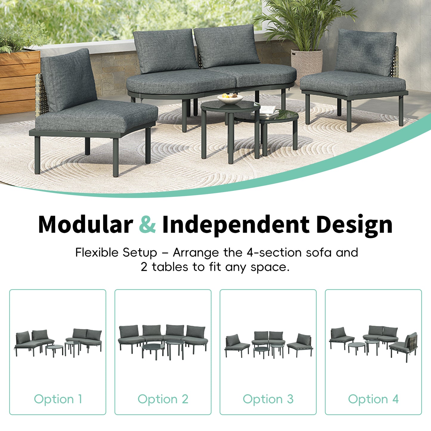 TOPMAX 6-Piece Patio Sofa Furniture Set, Half Moon Outdoor Sectional Sofa With 2 High-Low Coffee Tables, PE Wicker Rattan, Tempered Glass, 4 Pillows & Cushions, For Backyard, Garden, Poolside,Gray