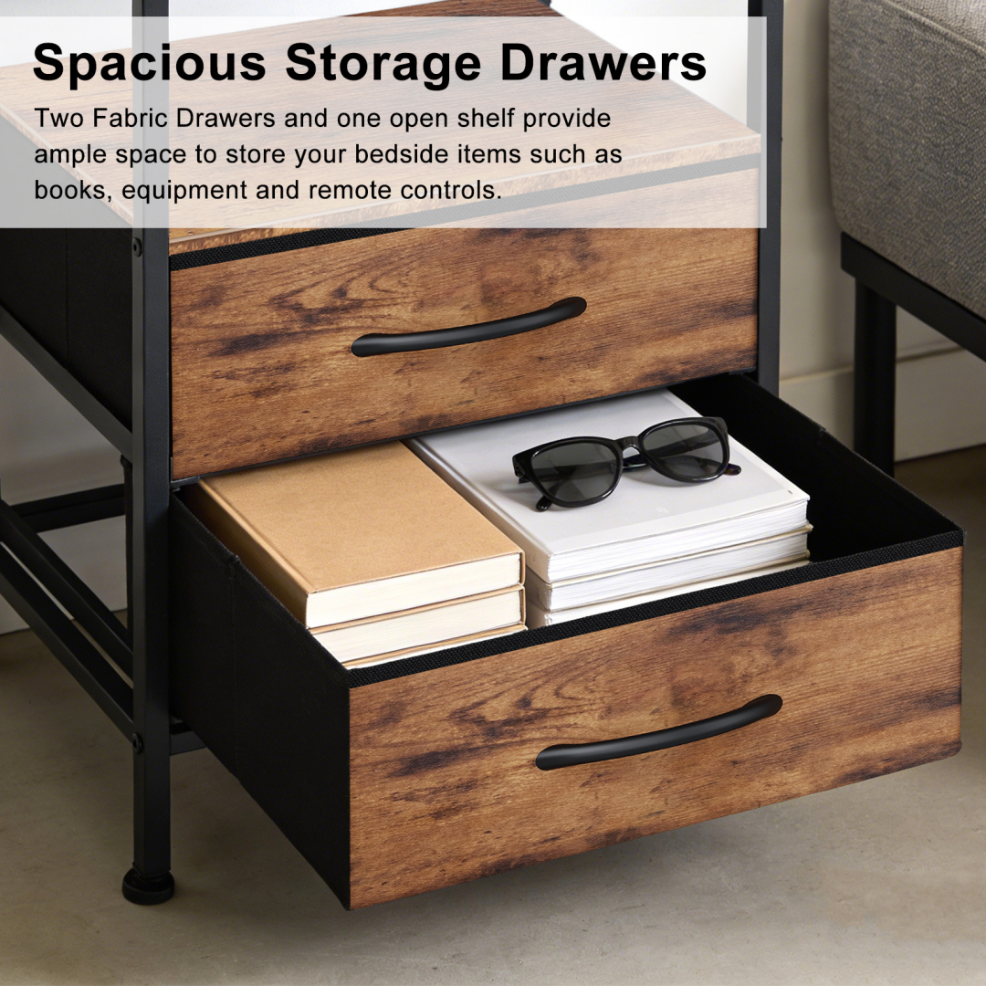 A Small Bedside Table With A Charging Station And Two Fabric Drawers, And A Side Bedside Table