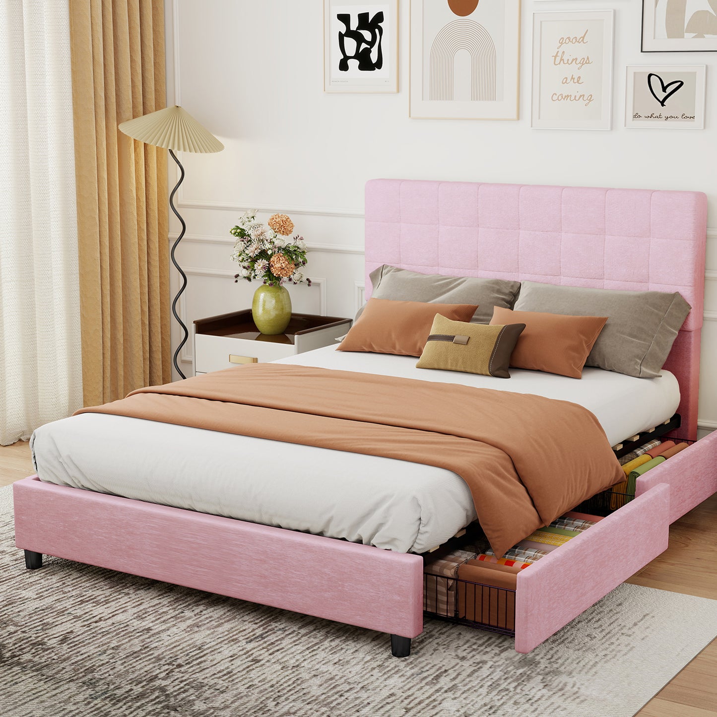 Full Bed Frame Upholstered Vertical Channel Headboard Bed Frame With 4 Storage Drawers Wood Slats No Box Spring Needed Easy Assembly For Bedroom