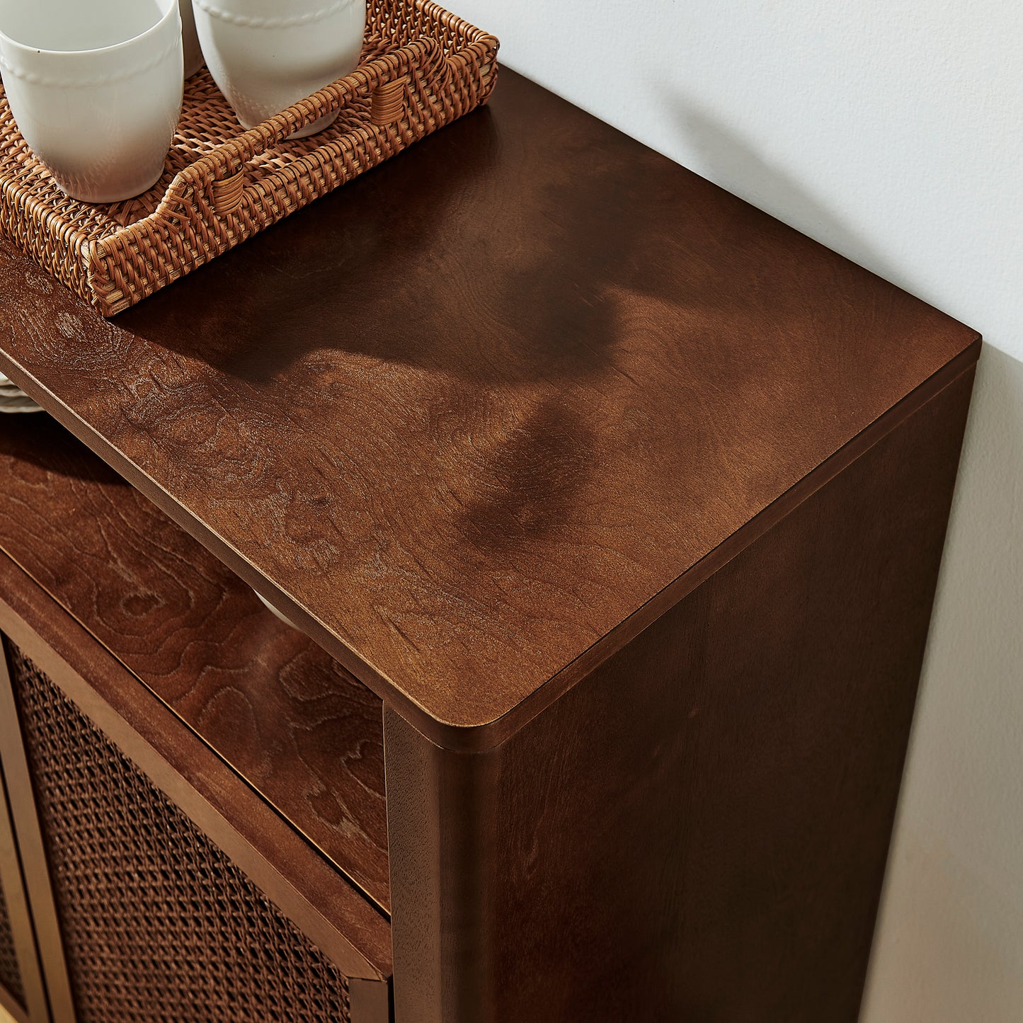 63 Mid Century Modern Rattan Sideboard Buffet Cabinet With Storage, Retro Coffee Bar Wine Bar Credenza, Large Media Console Table For Living Room Entryway Kitchen, Walnut
