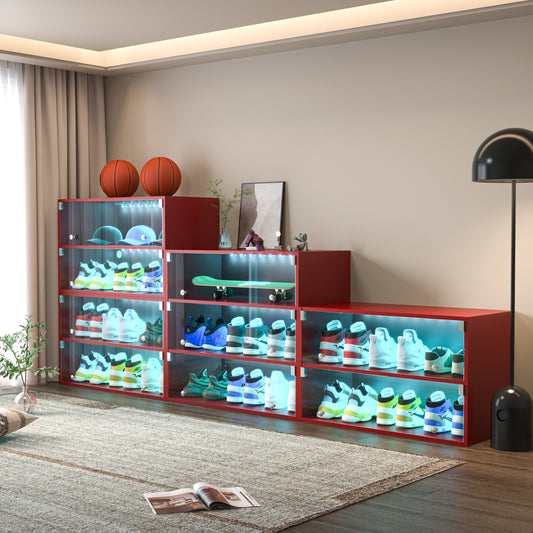 Red Glass Door Shoe Box Shoe Storage Cabinet For Sneakers With RGB Led Light