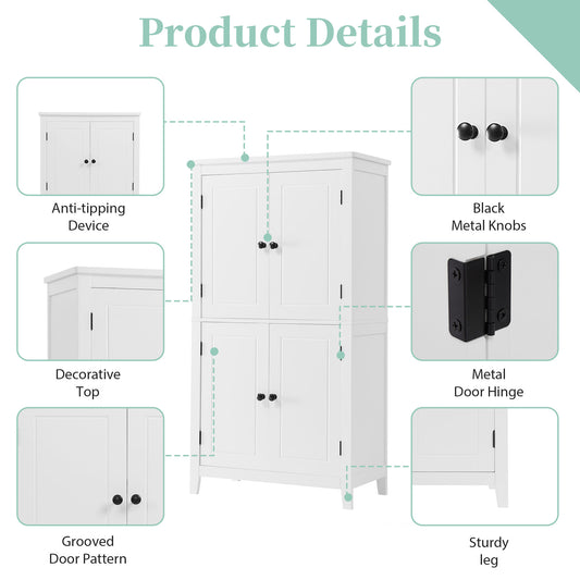 Elegant Bathroom Floor Storage Cabinet, Bathroom Storage Unit, Freestanding Cabinet With 4 Doors, Adjustable Shelves, Adaptable Shelves, White