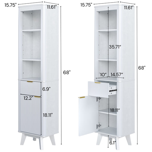 68 H Tall Bathroom Storage Cabinet With Adjustable Shelves And One Drawer & Door, Storage Cabinet For Bathroom, Living Room, Entryway & Kitchen, White