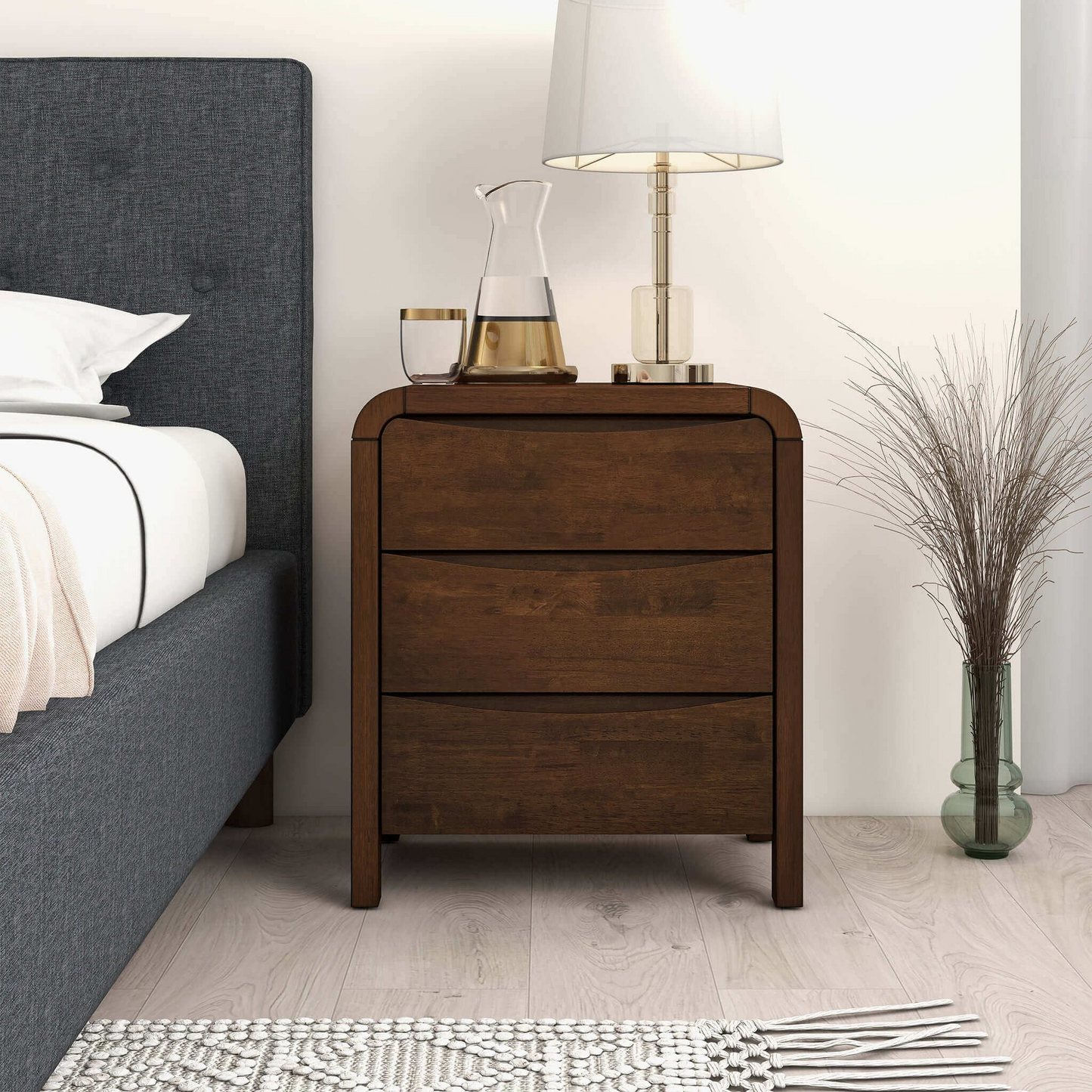 Lionel Mid Century Modern Solid Wood 3-Drawer Nightstand In Brown 23.6 H X 20.4 W X 15.7 D For Bedroom, Hallway, Entryway, Closet