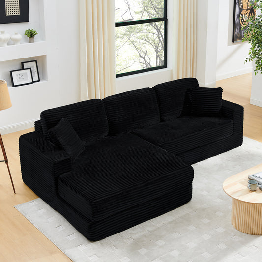 Left Sofa Seat,L Shape Modular Sectional Sofa, Compressed Sectional Sofa Modern Minimalist Style Corduroy Couch,Unfold Into A Bed, Bedroom, Comfy Compressed Sofa Couch Space-Efficient Design-black