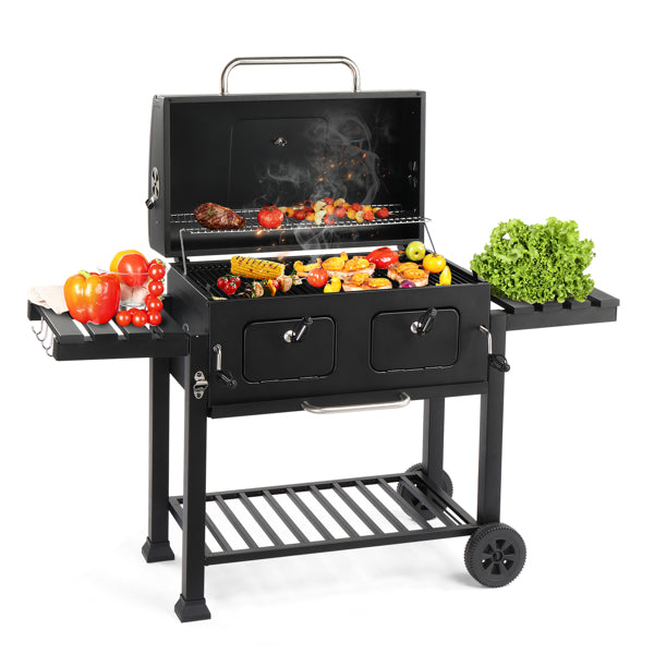 Charcoal Grill Outdoor BBQ Grill, Extra Large Cooking Area With Two Individual & Adjustable Charcoal Doors, Foldable Side Tables For Outdoor Cooking, Backyard, Camping, Picnics